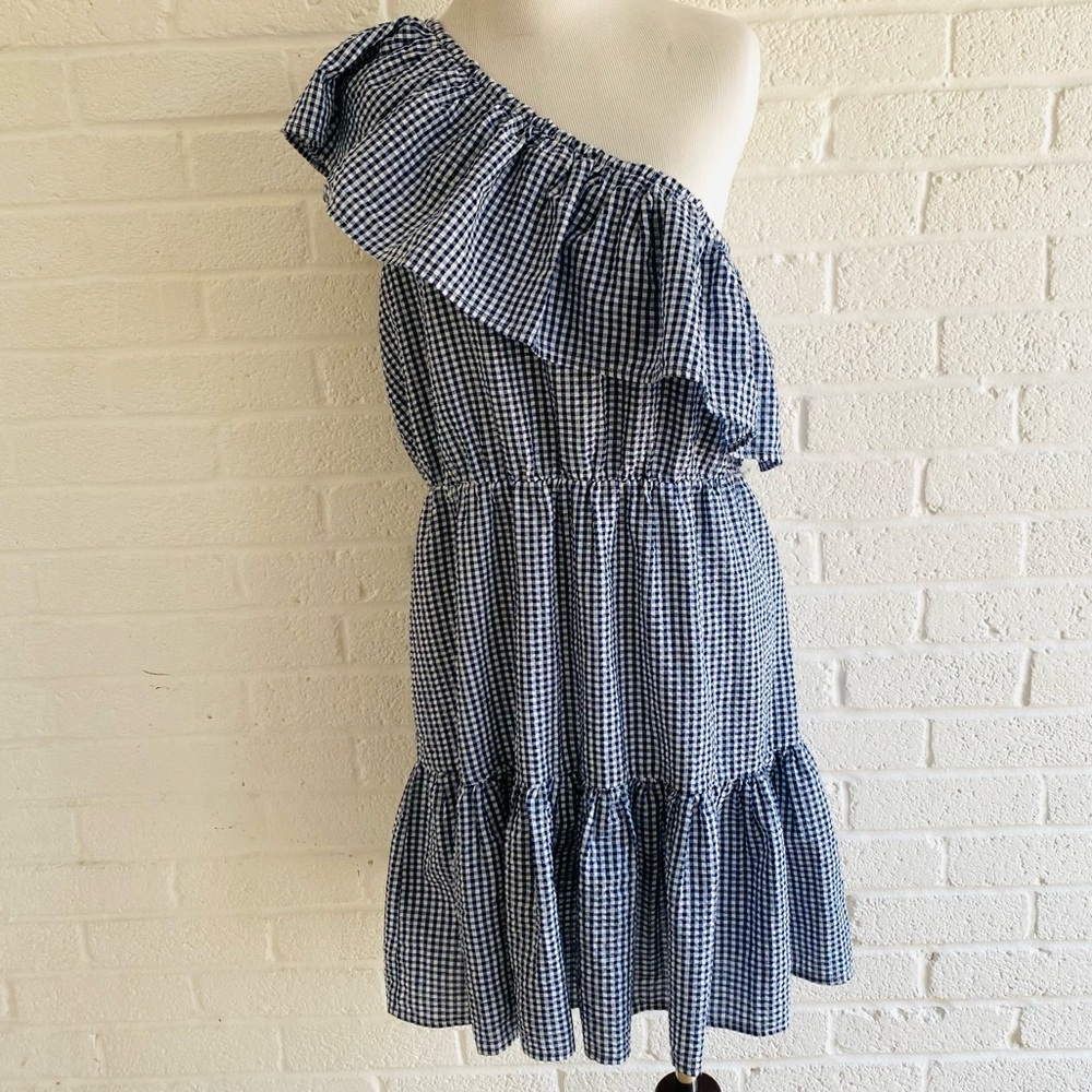 MINKPINK GINGHAM DRESS SUMMER LARGE ONE SHOULDER RUFFLE MINI WANDERER BLUE WHITE - Picture 13 of 15